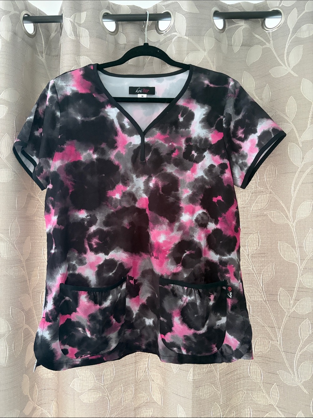 Koi Lite Pink & Black Tie-Dye V-Neck Scrub Top